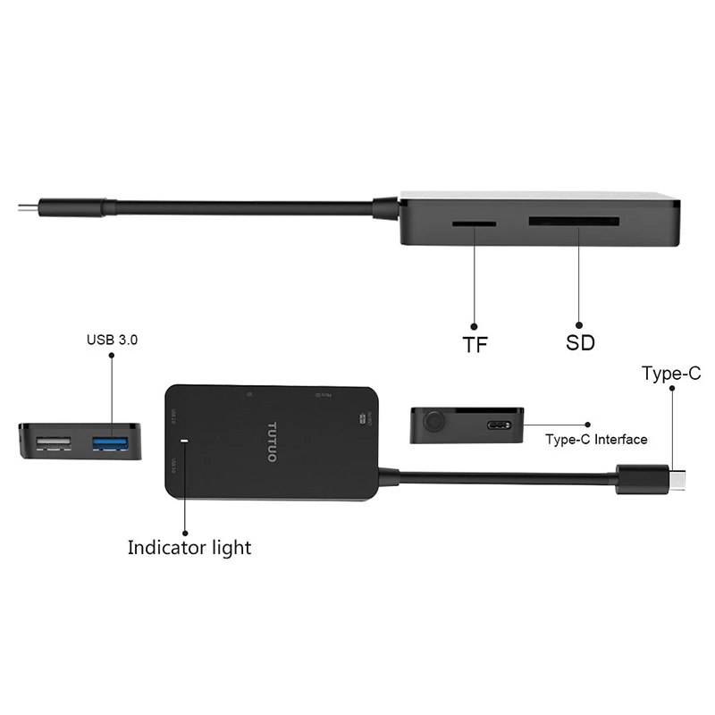 TUTUO Type C to USB A * 2 порта конвертер с SD/Micro SD (TF) Кардридер 80 Вт PD Быстрая Зарядка