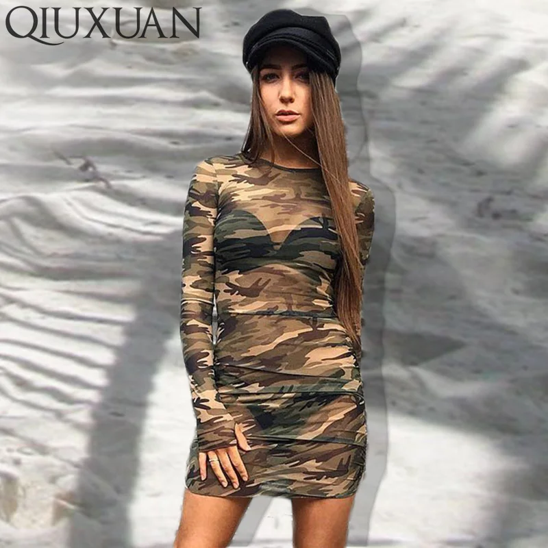 

Qiuxuan Ruched Detail Camouflage Mesh Bodycon Mini Dress For Women Summer Casual See Through Dress Girl Long Sleeve Dresses