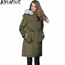AYUNSUE, зимняя куртка, для женщин, натуральный Лисий мех, воротник, с капюшоном, белый утиный пух, куртки, для мужчин, парка, толстая, для женщин, пальто, Chaqueta Mujer, WXF416