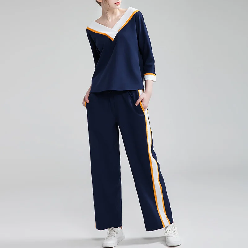 2017 a Primavera Eo Verão de Moda de Nova Conjunto de Três Quartos das Mulheres manga Com Decote Em V T Camisa Listras Longas Calças de Algodão Casuais das Mulheres conjunto