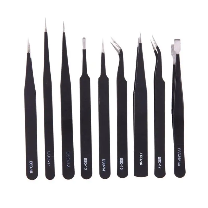 

9pcs ESD Anti-static Stainless Steel Tweezers Precision Repair Tool Kit for Electronic Mobile Phone Repair Tools Kit Non Slip