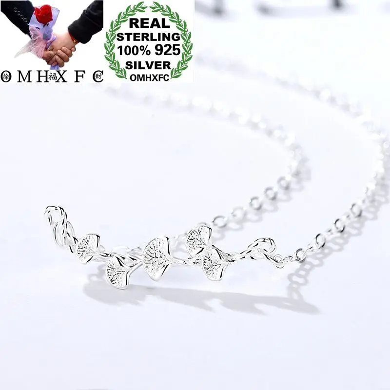 

OMHXFC Wholesale European Fashion Woman Girl Party Birthday Gift White Ginkgo 100% S925 Sterling Silver Pendant Necklace CH57