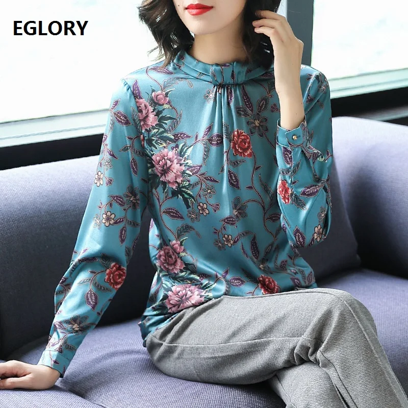 

100%Silk Blouse 2019 Spring Summer Tops Shirt Women Stand Neck Tunic Floral Print Long Sleve Blue Shirt Blouses Femme Chemise