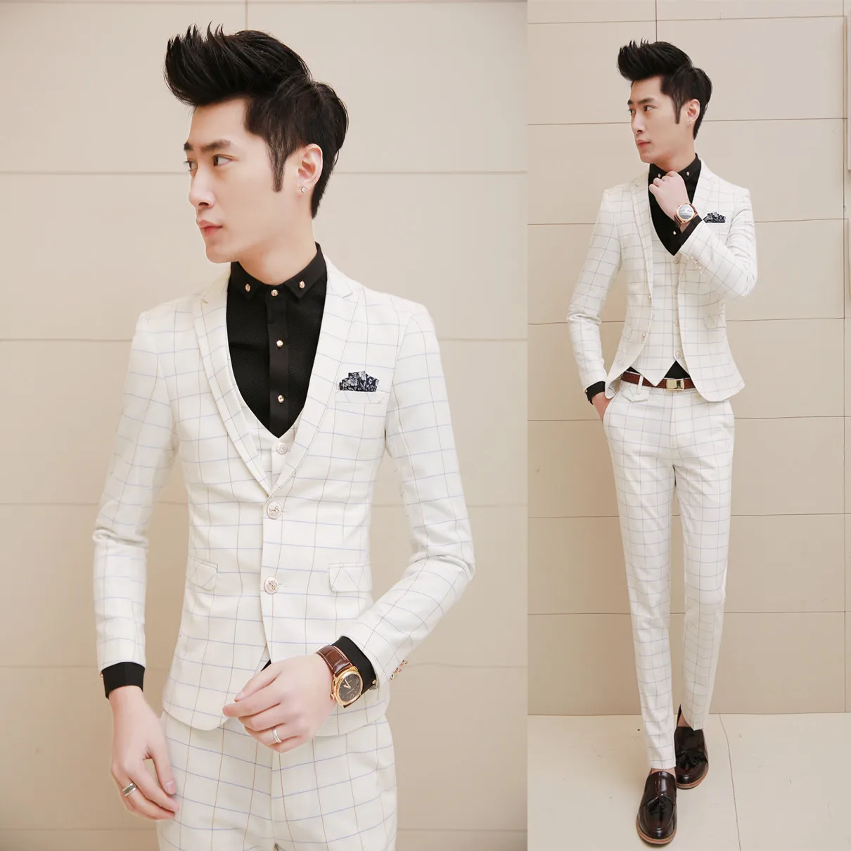 2015 New Arrival White Plaid Men Suits With Pants Vest 3PCS / Set