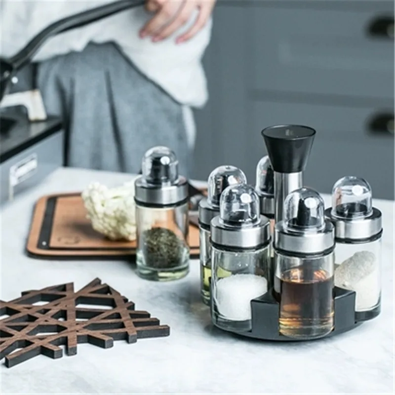 KINGLANG Rotary glass seasoning jar set kitchen cruet seasoning box