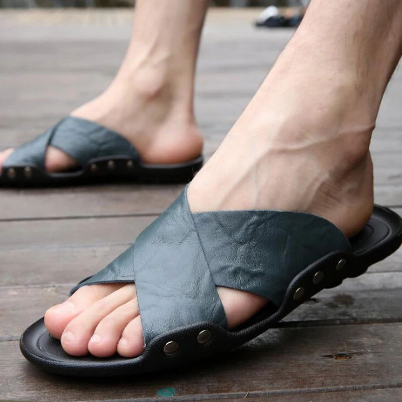 

Men slippers 2019 new arrivals summer leather men beach shoes fashion metal buckle decor non-slip men slides plus size 47 48