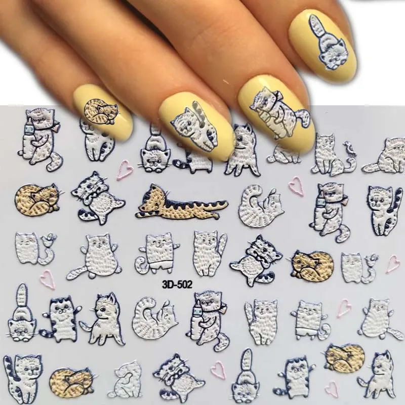 1pc 3D Acrylic Engraved Nail Sticker Embossed Cute Kitten Alarm Clock Snowflakes Water Decals Empai