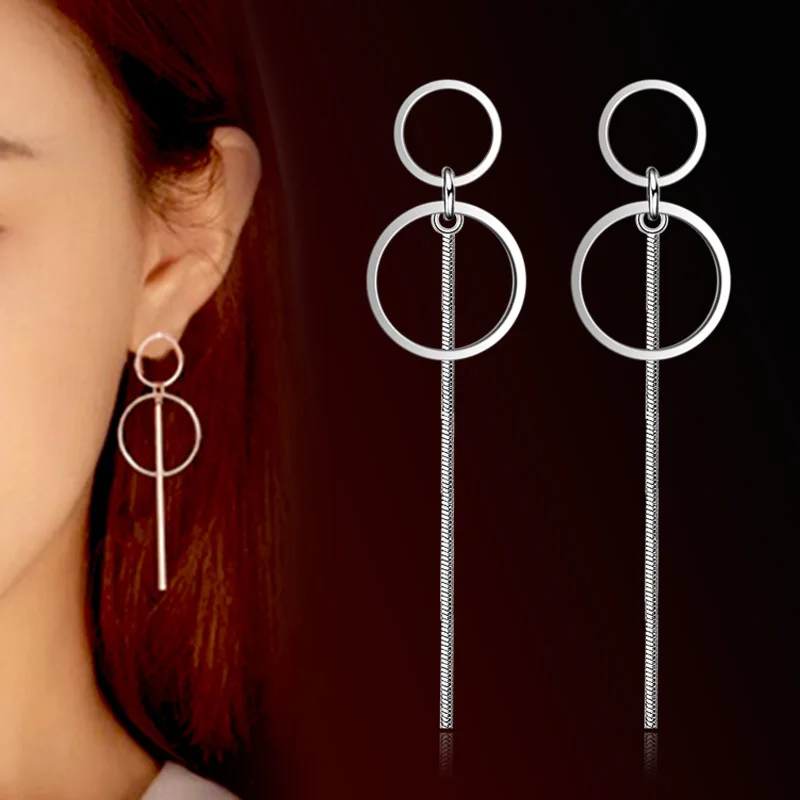 

Fashion Silver 925 Drop Ear Line 2019 Jewelry Two Round Korean Statement Metal Silver Long Tassel Earrings For Women