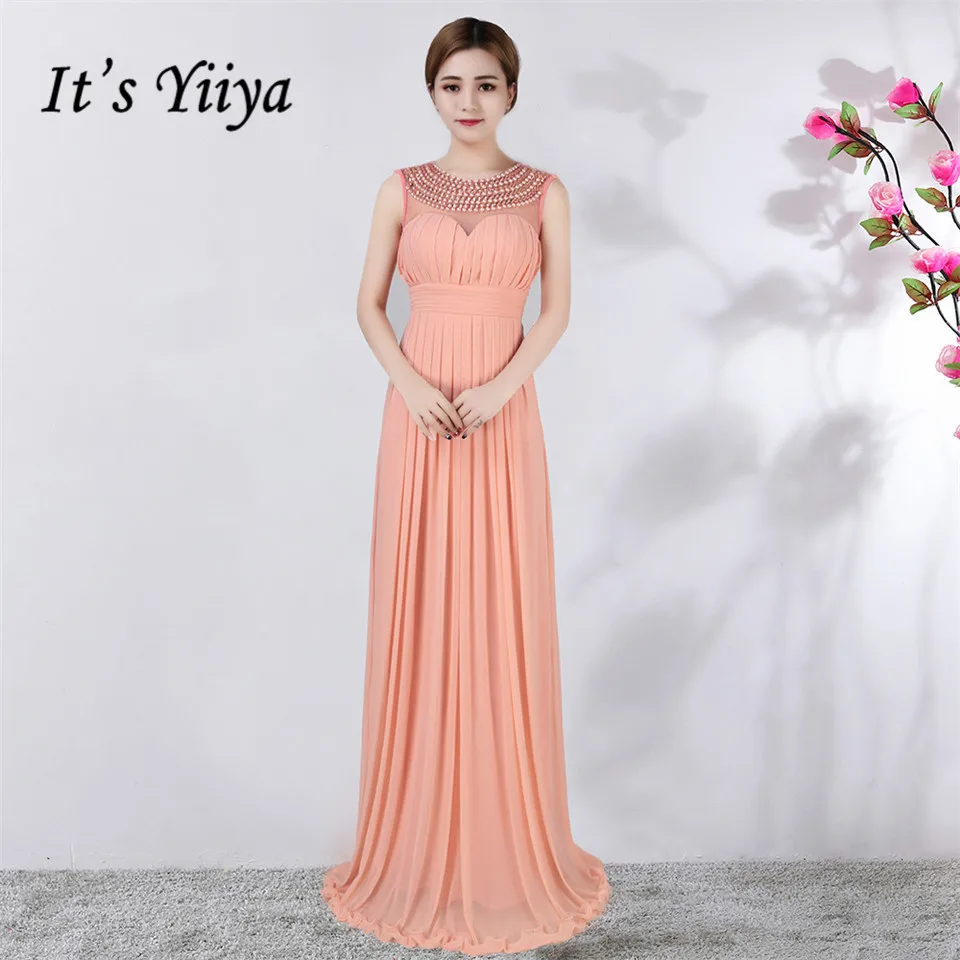 

It's Yiiya evening dress Elegant O-neck Floor-length A-line Party gowns Royal Pink Pearls Sleevelss Formal Prom dresses C209
