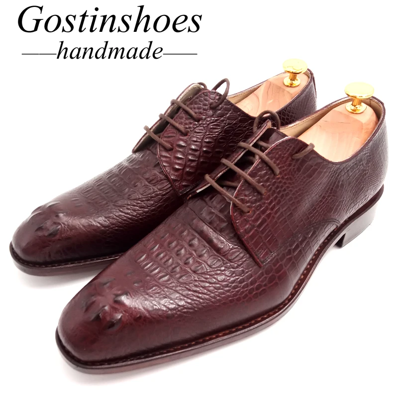 Goodyear Welted Handmade Men Derby Shoes Brown Crocodile Printed Cow Leather Formal Dress Shoes Office Business Lace-up Gstn20