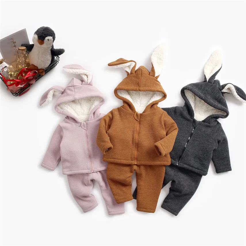 

2018 Casual Tops Quality Kids Girls Boys Rabbit Ears Hooded Warm Coat Tops+Pants Outfits Gift Dropshipping roupa menina Z*#