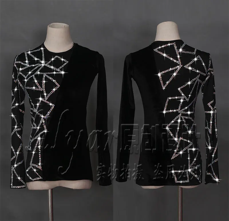

Latin Dance Shirts Men Flamenco Long Sleeve Round Neck Sequin Middle East Diamond Tops Ballroom Shirt Performance Wear