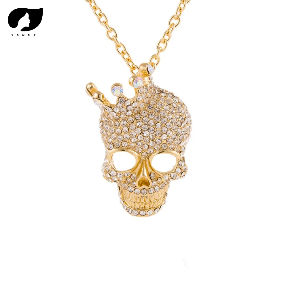 

Crystal Rhinestone Necklace Skull Long Choker Hip Hop Party Cool Jewelry for Women and Men