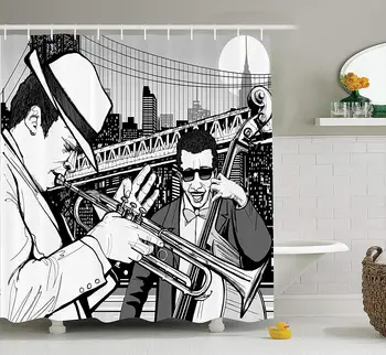 

Jazz Music Decor Shower Curtain Illustration Of Jazz Band Playing The Blues in New York in The Moonlight Retro Decor Bathroom