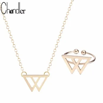 2017 Silver Gold Color Color Inverted Chevron Triangles Necklaces & Ring For Women Overlapping Triangle Geometrical Jewelry Set