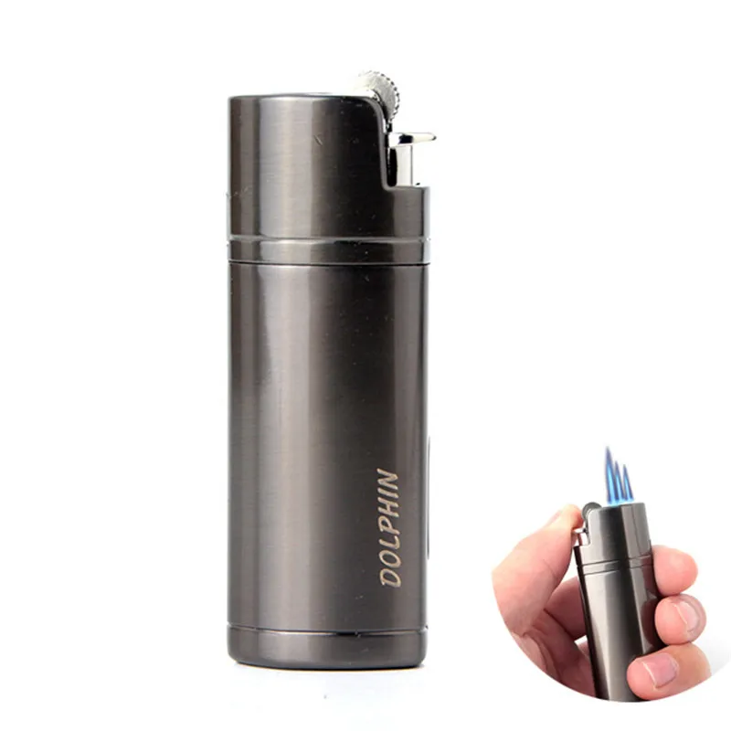 

Three Nozzles Jet Torch Turbo Lighter Hollow Free Fire Windproof Metal Cigar Pipe Lighter Gas 1300 C Butane Gadgets For Man