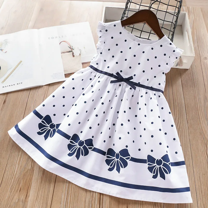 Spring Summer Wave Bow Girls Kids Dress Children's Clothing Wholesale