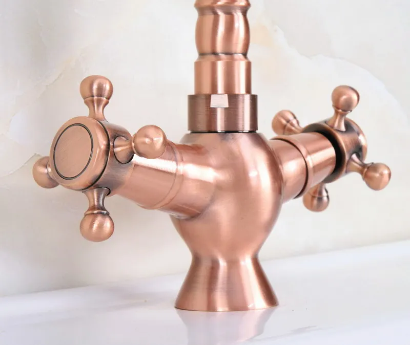 Antique Red Copper Brass Dual Cross Handles Bathroom Kitchen Basin Sink Faucet Mixer Tap Swivel Spout Deck Mounted mnf616