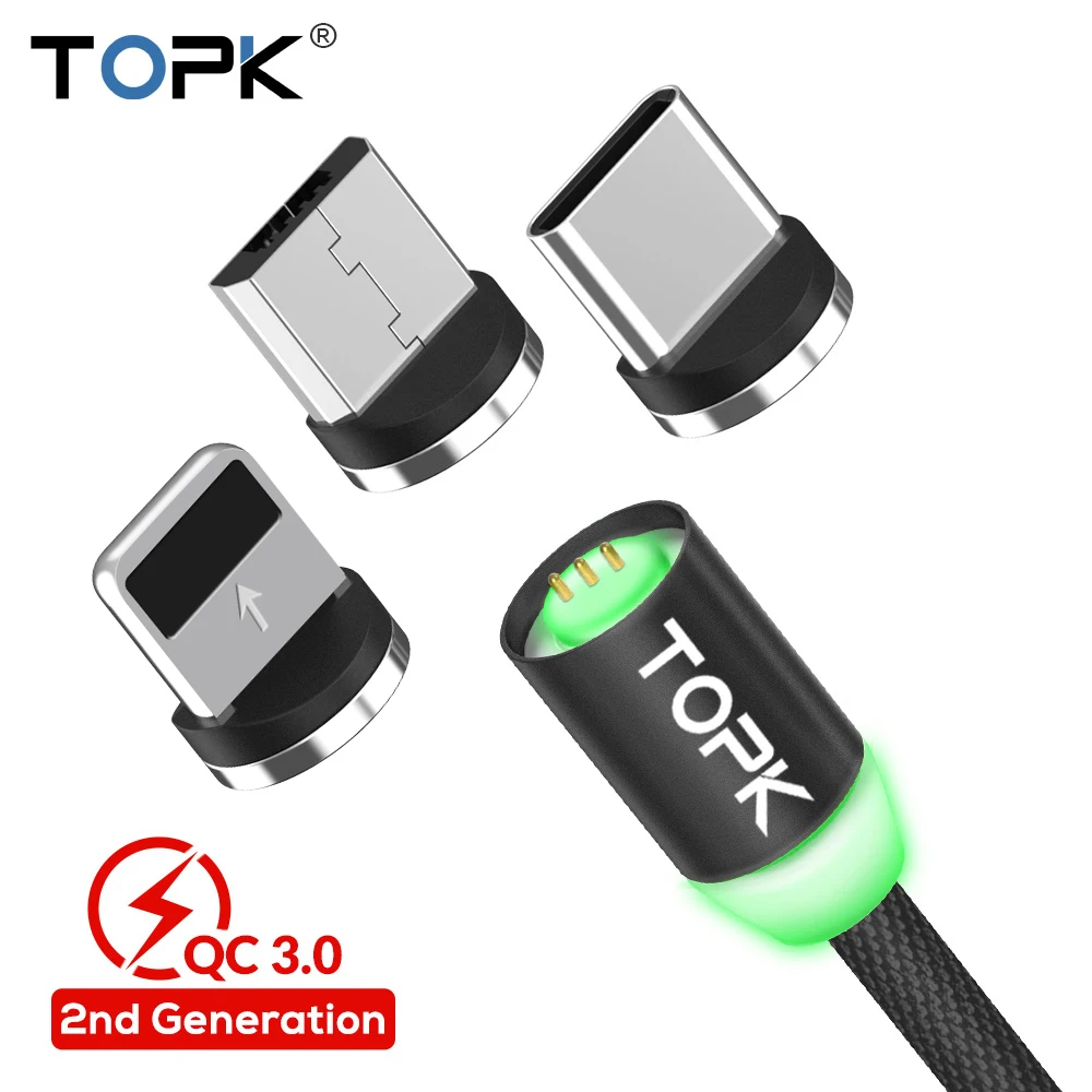 

TOPK 1M Upgraded 3A Quick Charge Phone Magnetic Micro USB Cable & 8 Pin & USB Type C Cable for iPhone Samsung Huawei Xiaomi