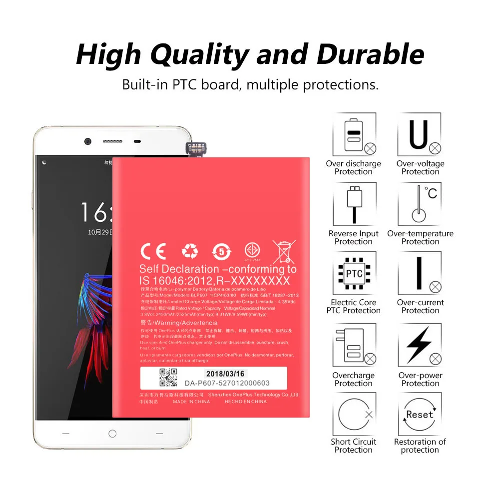Замена 3,8 V 2525mAh Телефон OnePlus X батарея BLP607 BLP 607 для высокопроизводительной литиевой литий-полимерной батареи телефона