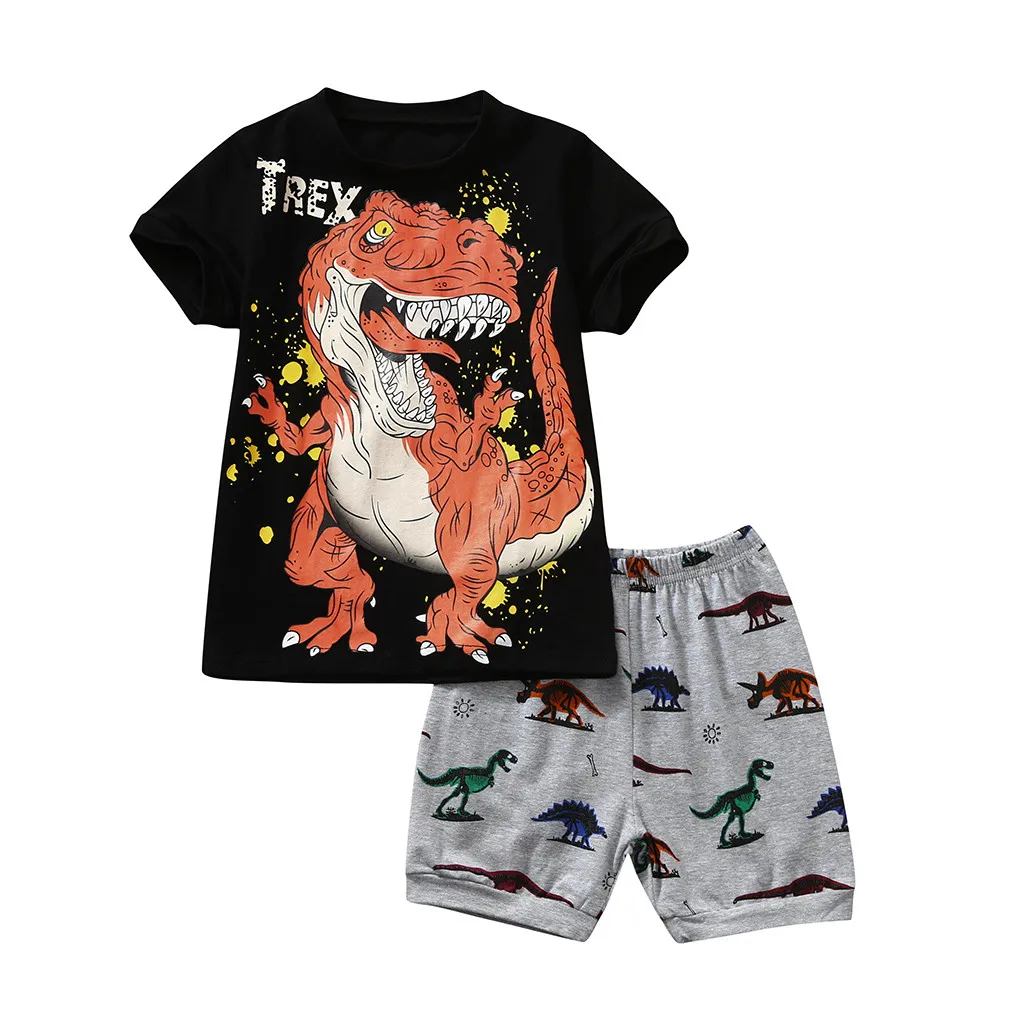 KLV/Одежда для маленьких мальчиков от 18 месяцев до 6 лет, футболка с принтом динозавра из мультфильма топы+ шорты, Pjs, летняя детская одежда,# y25 - Цвет: Черный