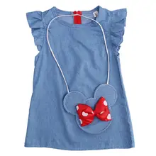 Детское однотонное плиссированное платье с короткими рукавами для девочек с сумочкой в виде мышки, джинсовые вечерние платья сарафан Одежда