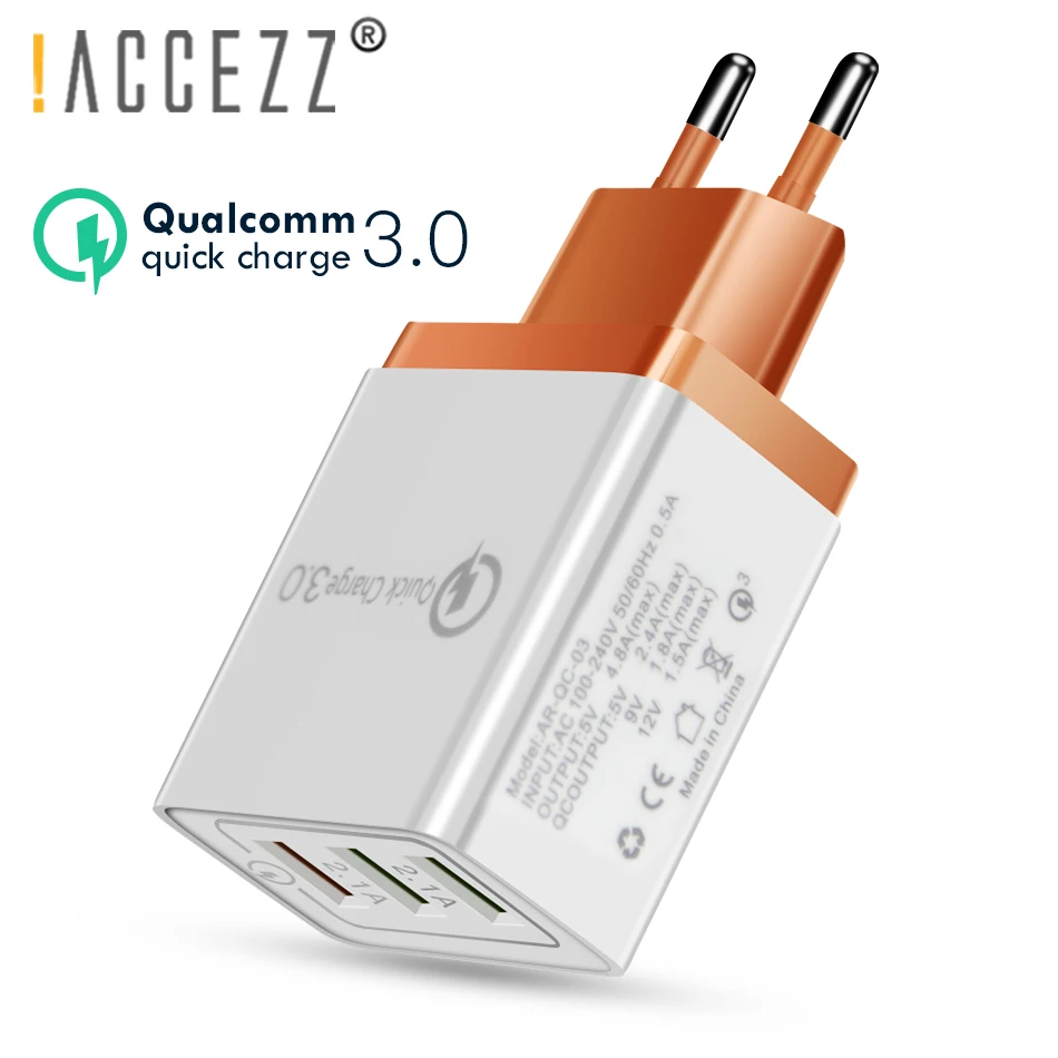 ACCEZZ 18 Вт Универсальный 3USB Quick Charge 3,0 для iPhone X 7 8 samsung Xiaomi huawei EU Plug мобильный телефон быстрое зарядное устройство для путешествий