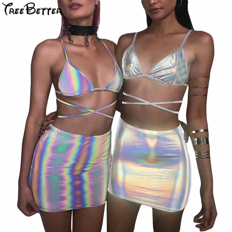 

V Neck Spagthetti Strap Lace Up Sliver Reflective Summer 2019 Women New Sexy Two Pieces Set Shiny Camisole Skirts Outfit Holiday