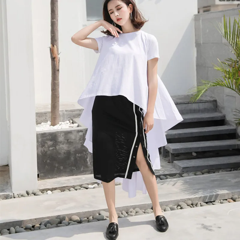 

Johnature Loose Streetwear Summer New Women Clothing Long Ruffles Women T-shirts O-neck Short Sleeve Solid Color Tops 2019