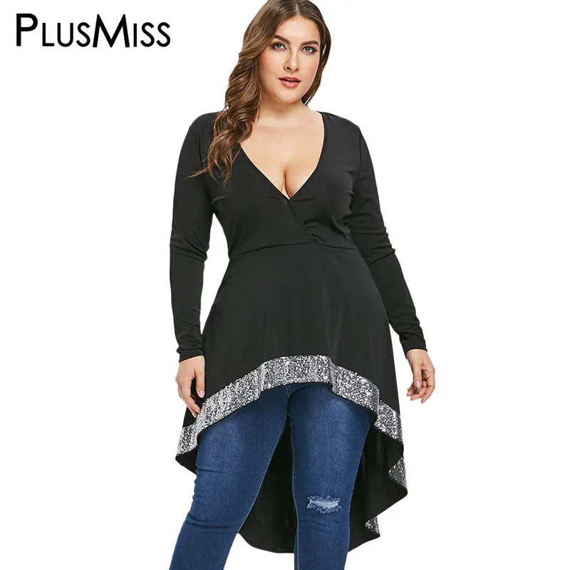 PlusMiss Plus Size 5XL Sequin High Low Long Blouse Women Large Size ...