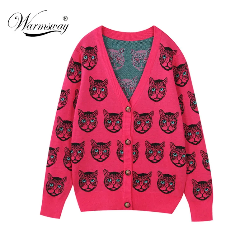 2019 Winter Spring New Fashion Cardigan Cat Pattern Jacquard Vintage Sweater Jacket Jersey Luxury Wool Knitted Outwear C-346 | Женская