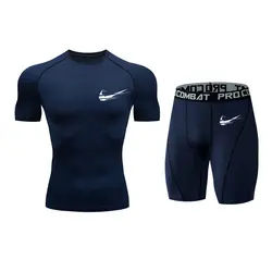 Мужской комплект для фитнеса, компрессионная рубашка с коротким рукавом + шорты, мужская спортивная одежда MMA, быстросохнущая одежда