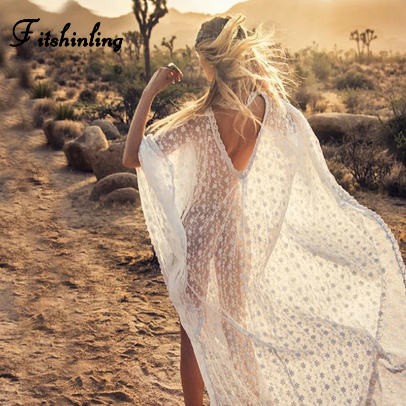 

Fitshinling Big Size Lace Long dress Swimwear Backless Transparent White Sexy Beach Maxi Dresses Women Robe Boho Summer Pareos