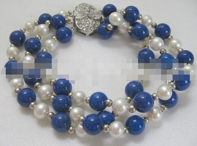 

0767 3 row lapis lazuli and white freshwater pearl bracelet