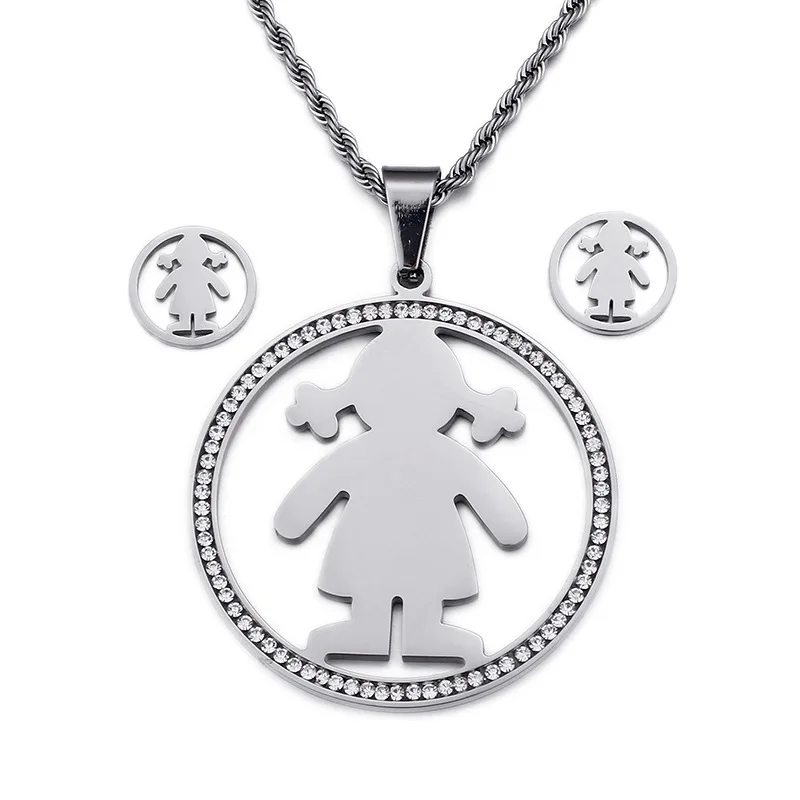 

Fashion Women Silver Gold Stainless Steel Round Small Boy Girls Virgin Crystal Necklace Earrings Jewelry Sets for Lovers Gift