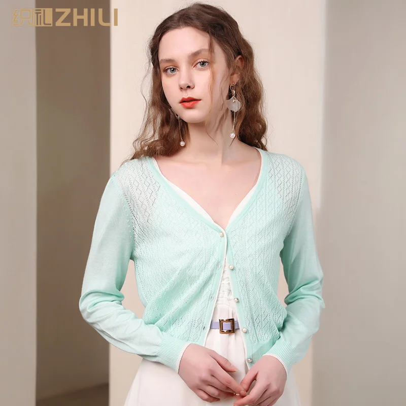 Весна лето 2019 милый удобный Укороченный кардиган ZHILI с длинным рукавом (S