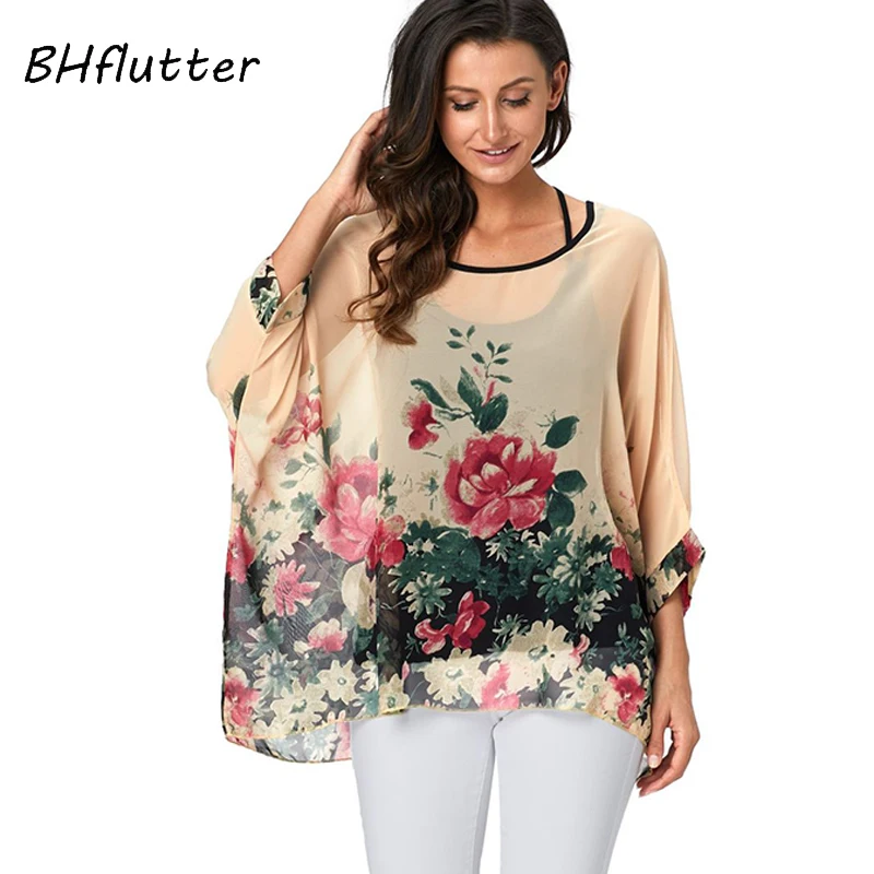 

BHflutter 4XL 5XL 6XL Plus Size Women Clothing 2018 Blouse Shirt Floral Print Chiffon Blouses Batwing Sleeve Kimono Summer Tops