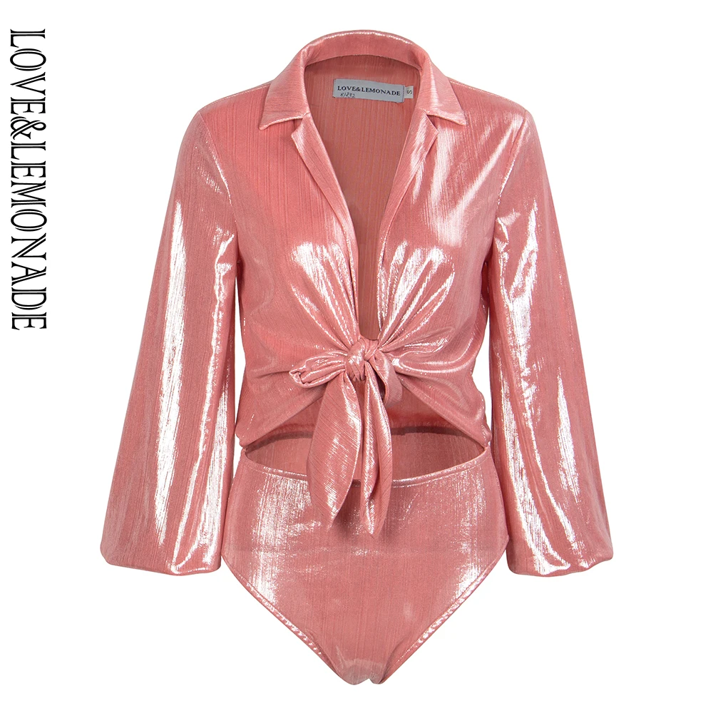 

LOVE&LEMONADE Sexy Pink Deep V-neck Strap Lantern Sleeve Reflective Bodysuit LM81667-1