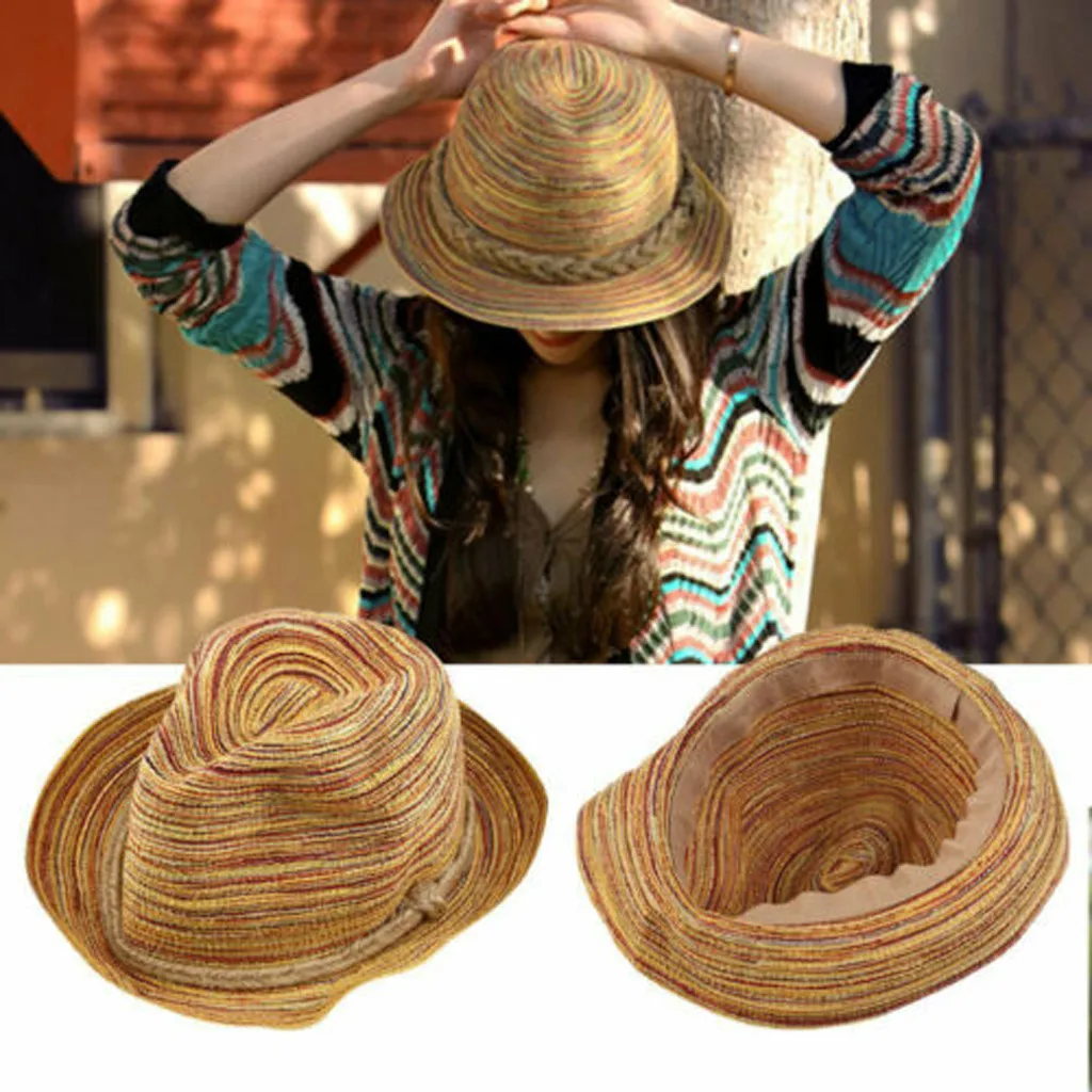 Summer Lady Colorful Women Striped Foldable Straw Beach Hat Sun Shade Grid caps Bohemian And Panama Cap wide brim hats#4 | Спорт и