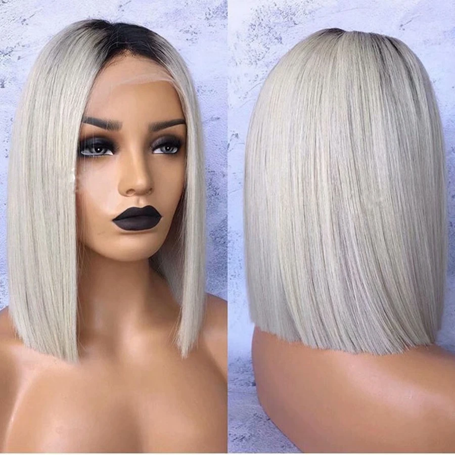 

EEWIGS Short Bob Wig Light Grey Color Heat Resistant Synthetic Lace Front Wig With Natural Hairline Ombre Wigs For Black Women