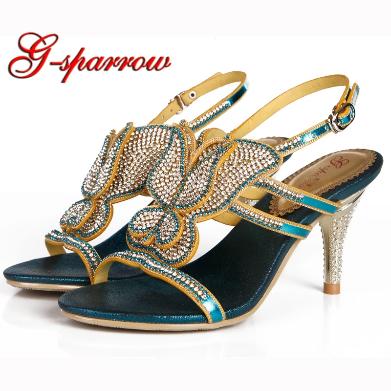 

Spring New Arrival High Heel Female Sandals with Back Straps Stiletto Heel Women Shoes with Butterfly Rhinestone Blue Silver Red