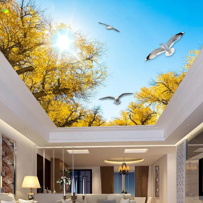 

Custom Photo Wallpaper Blue Sky White Clouds Sunshine Maple Tree White Pigeons Modern Living Room Ceiling Zenith Mural Wallpaper