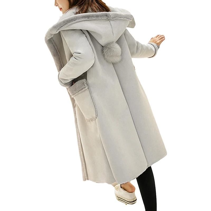 Зимнее женское длинное замшевое пальто, теплое лоскутное пальто с отворотом, Женское пальто из овечьей шерсти с капюшоном, мотоциклетная парка Jaqueta YP0680