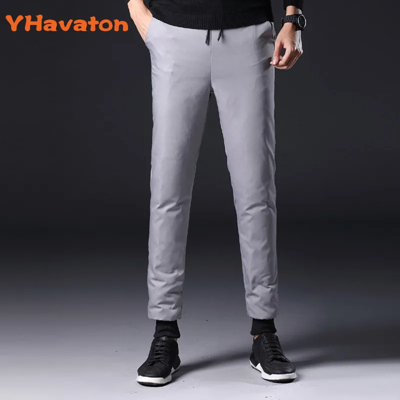 YHavaton Winter Mens 90% White Duck Down Pants Quality Elastic Waist Slim Snow Pants Warm Down Padded Trousers Male Outerwear