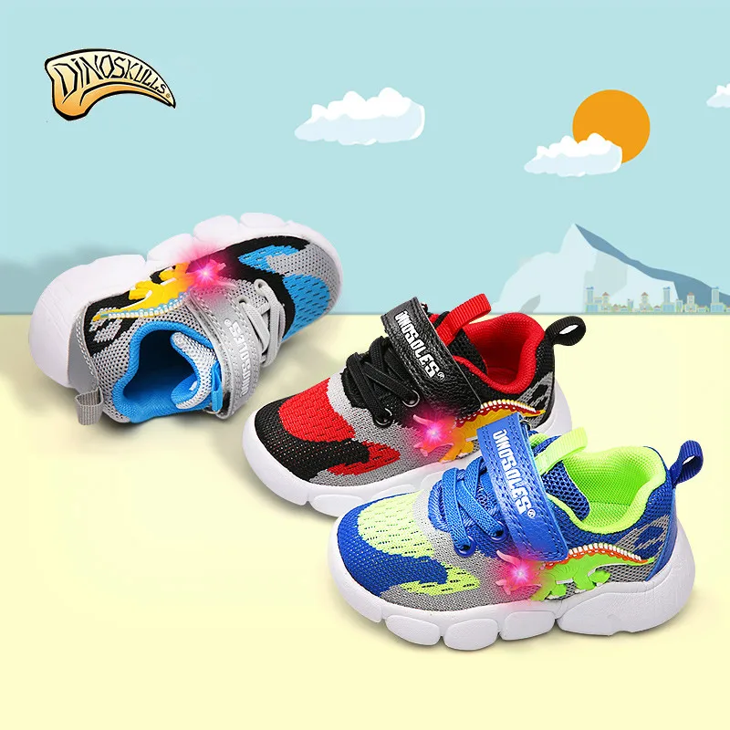 Spring Baby Boys Shoes with Lights Dinosaur Led Kids Light Up Shoes Mesh Breathable Glowing Sneakers Children Sports Trainers