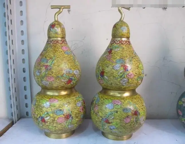 

China Pure Bronze cloisonne Regius Lucky Feng shui calabash gourd Vase Pair