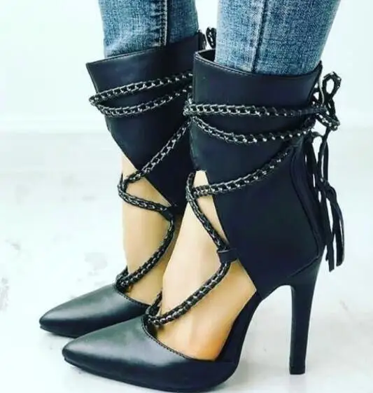 

Cool Black Chain Motorcycle Cut Out Boots Patent Leather Pointed Toe Cross Chain Ankle Zip Runway Woman Stiletto Shoes