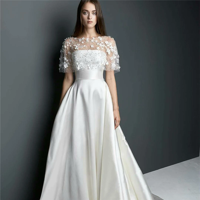 New A Line Satin Count Train Wedding Dress With Coat Hand Flowers New A Line Satin Count Train Wedding Dress With Coat Hand Flowers Bridal Gowns Floor Length Lace Ons Robe De Soiree Longue In Dresses From