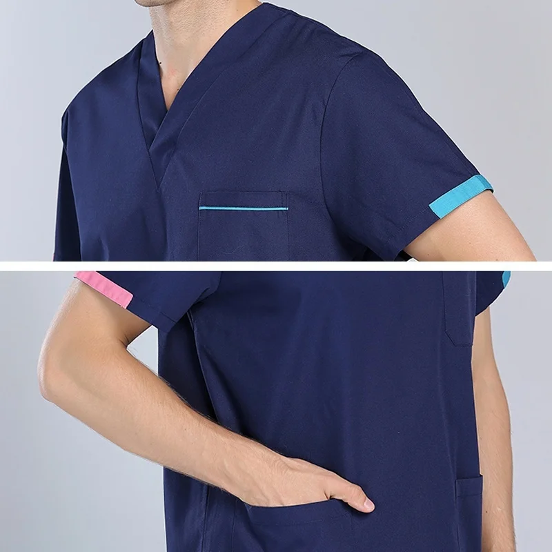 [TOP] Men's Fashion Short Sleeve Scrubs Tops V Neck  Contrasting Color Design Nursing Uniforms,medical uniforms