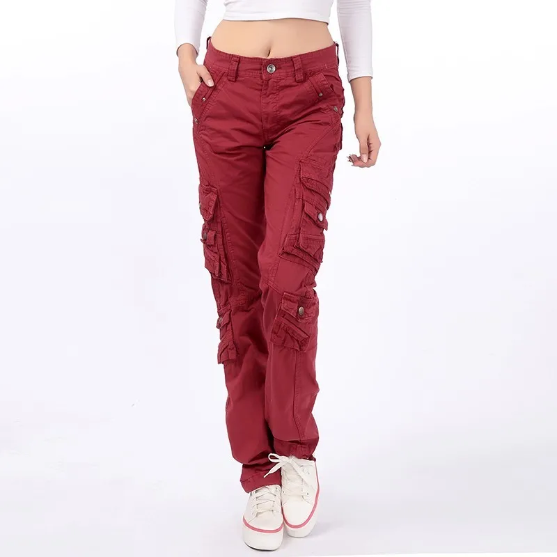 Женские Мешковатые брюки большого размера с несколькими карманами, свободные прямые армейские комбинезоны, женские уличные походные альпинистские военные брюки-карго - Цвет: 9506 Red